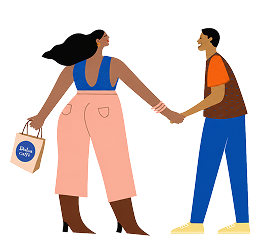 Ilustração de um casal de mãos dadas, com uma sacola Dulca