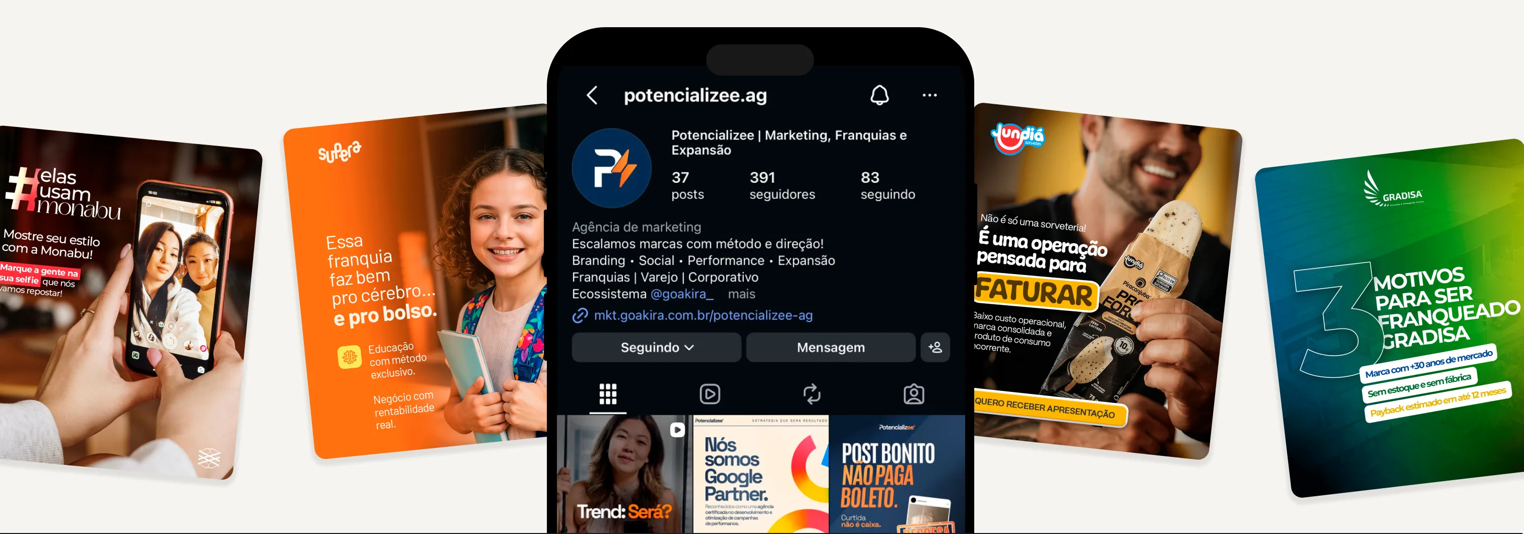 Instagram da Potencializee e exemplos de peças criadas para clientes